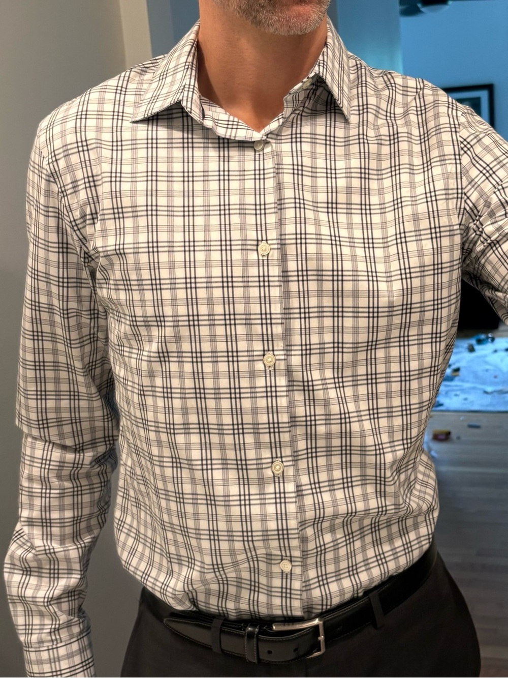 Banana Republic White and Black Plaid Wrinkle Resistant Slim-Fit Dress Shirt